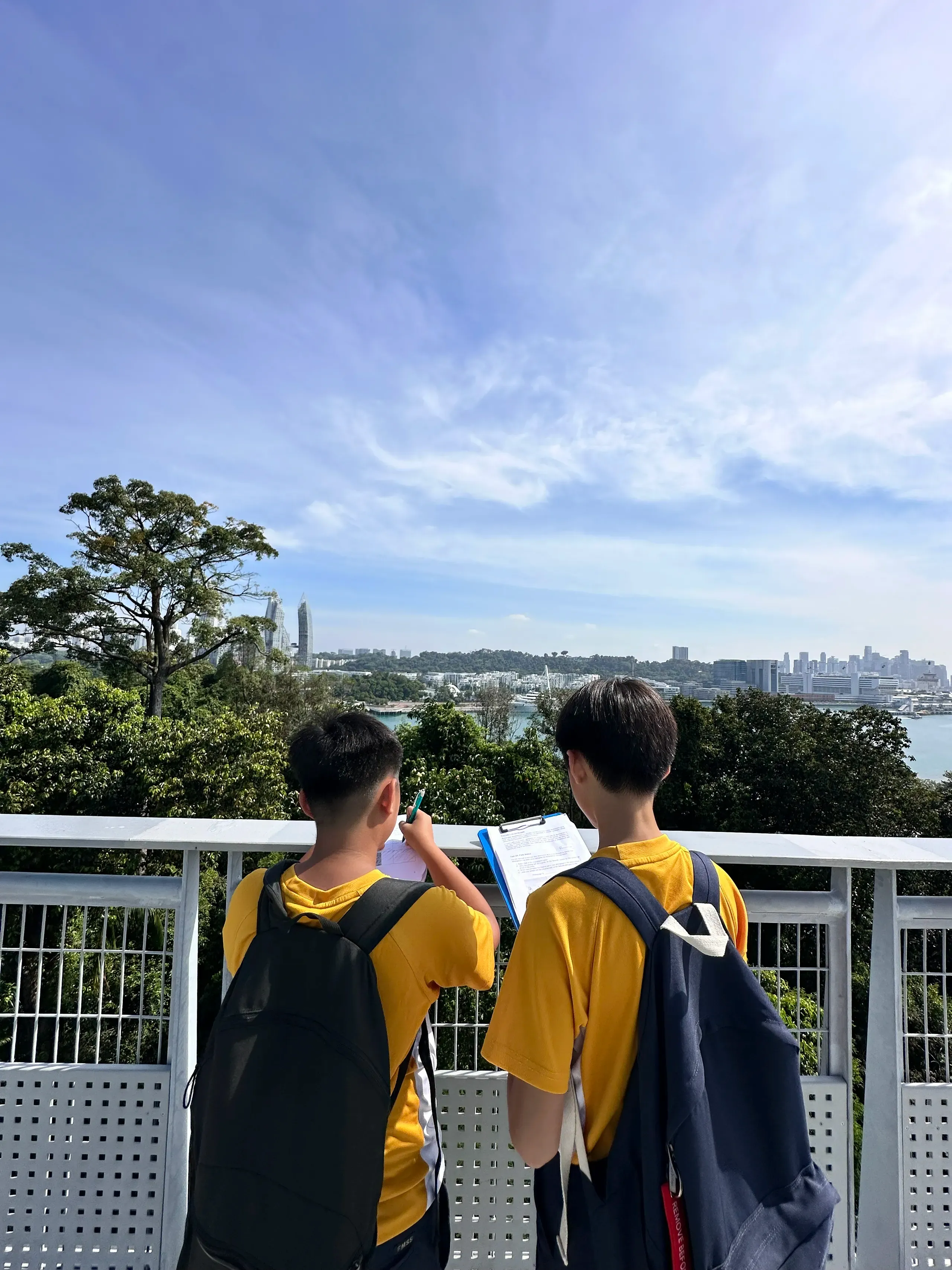 Two students wearing yellow school uniforms and backpacks stand beside a railing at a scenic viewpoint, using clipboards to complete a fieldwork assignment. In front of them, a wide vista stretches across treetops, waterfront areas, and distant urban buildings under a bright blue sky. The students appear to be making observations and documenting their findings as part of a geography or place-based learning experience.